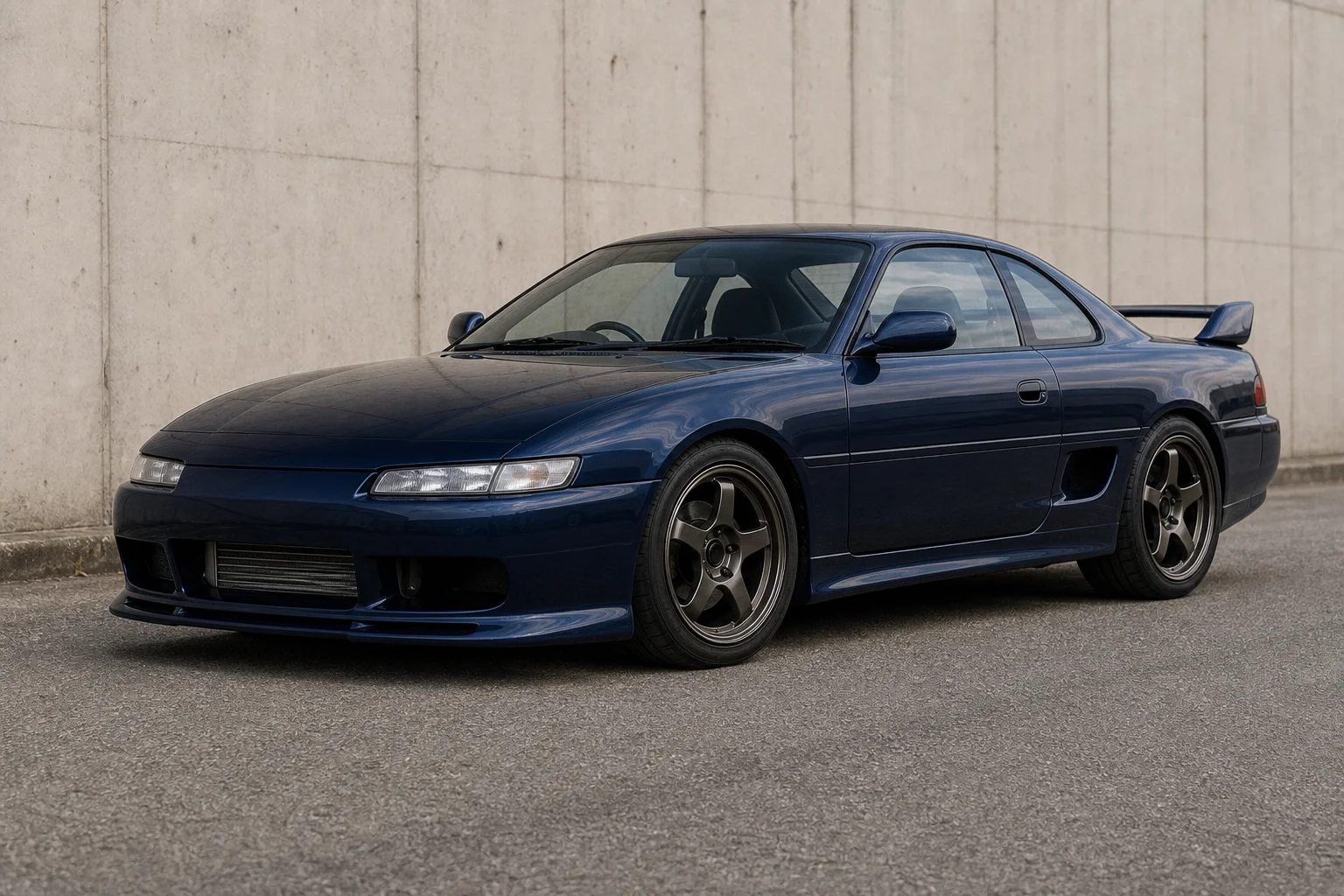 Generated dark-navy fictional 1990s-style sports coupe parked against a concrete wall